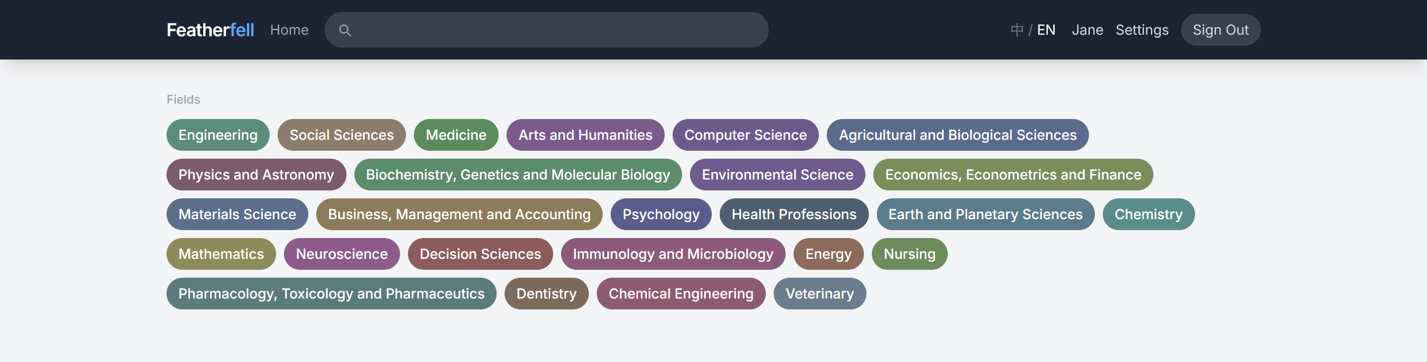 Screenshot of the fields browsing page showing 26 discipline tags