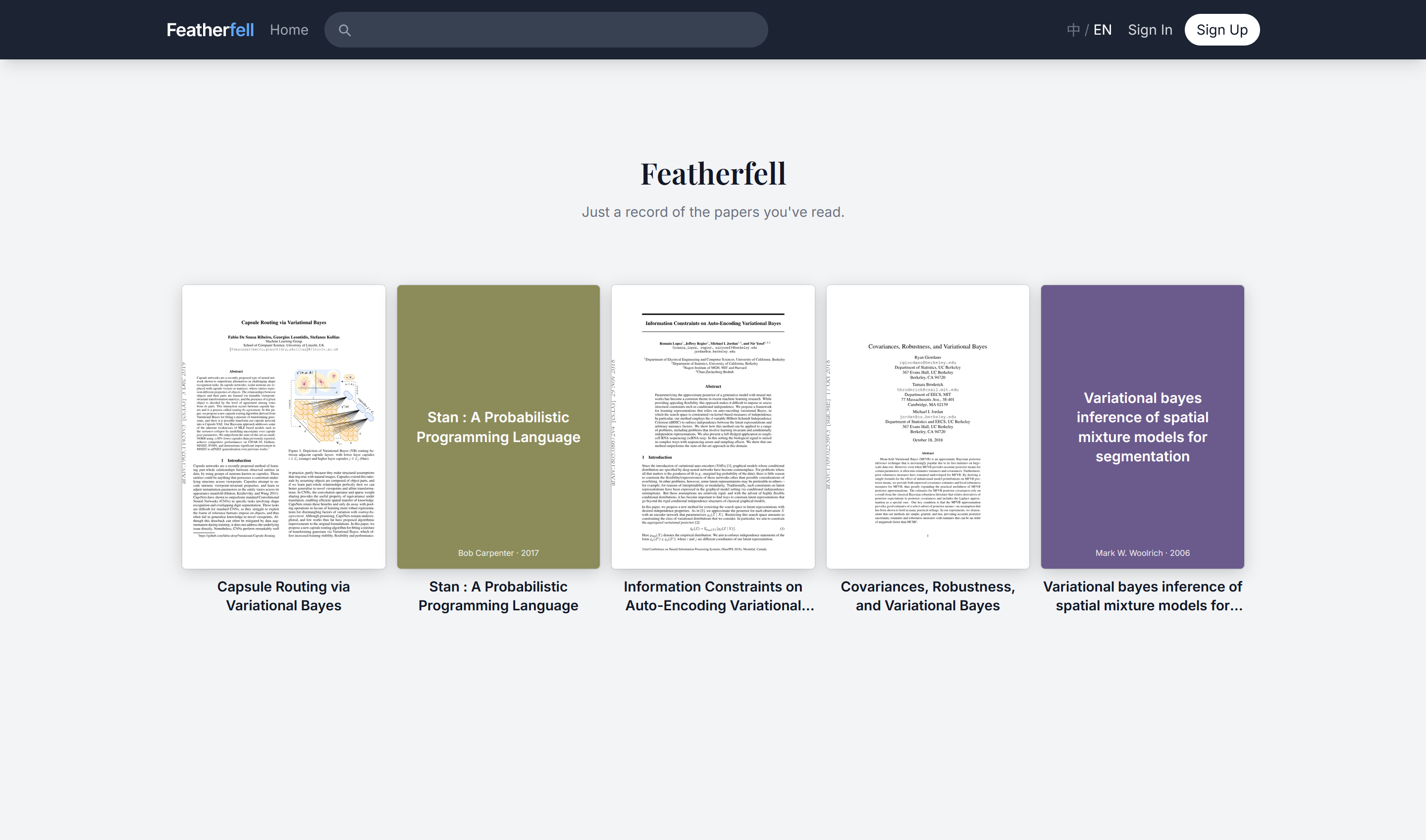Screenshot of the Featherfell homepage