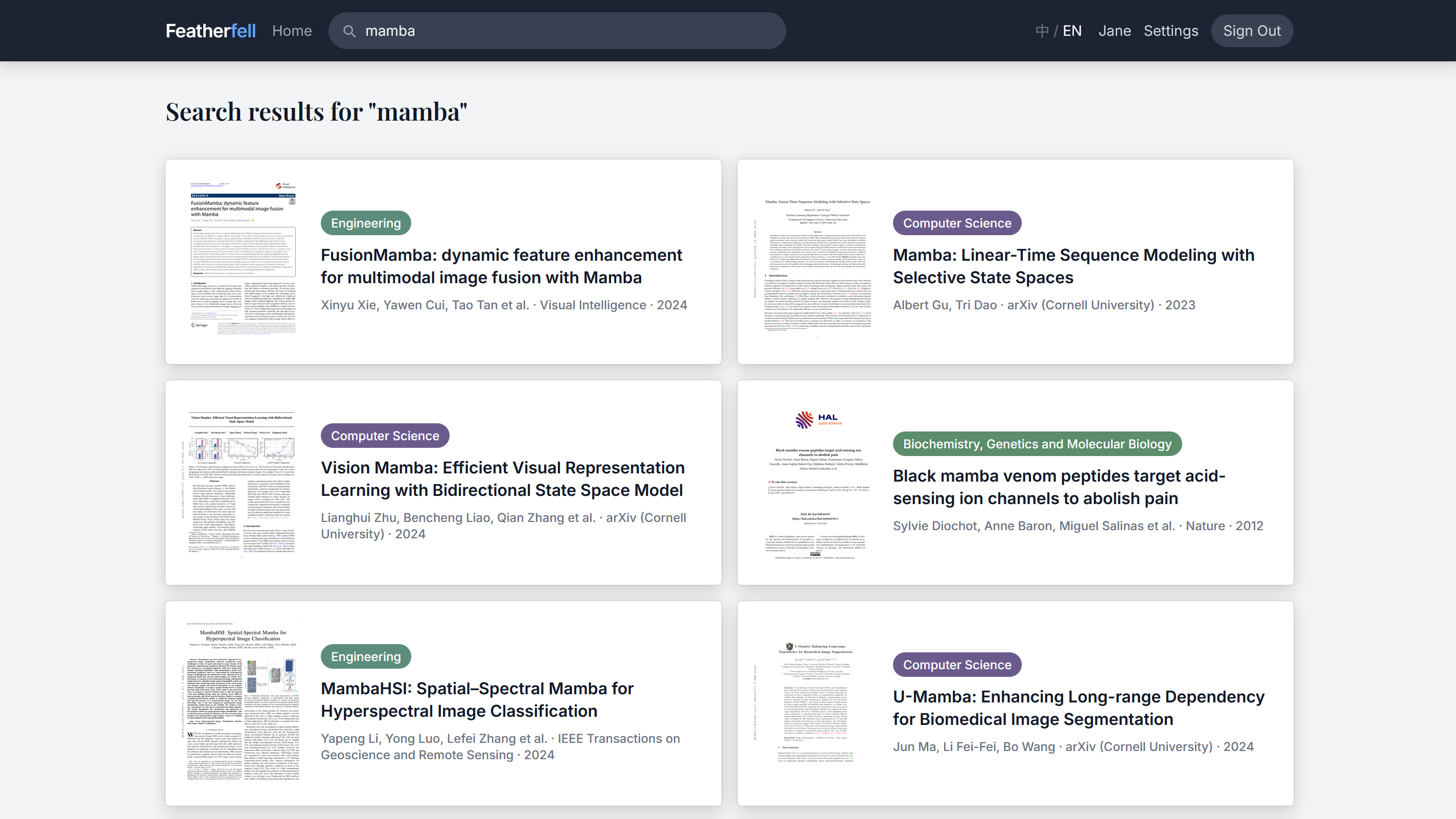 Screenshot of Featherfell search results spanning multiple disciplines